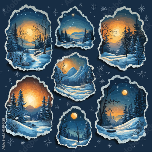 Winter Night Landscapes, Die Cut Vinyl Stickers