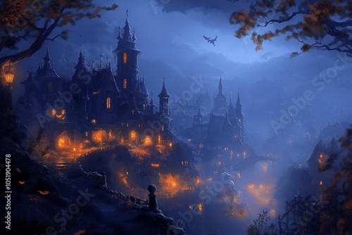 A mysterious dark castle illuminated by orange lights under a moonlit sky, surrounded by fog and shadowy mountains at twilight