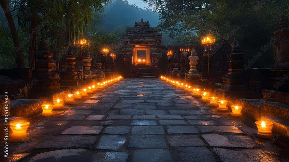 Glowing Oil Lamps Lining the Entrance of a Majestic Temple,Creating a Serene and Sacred Pathway Glowing Oil Lamps Lining the Entrance of a Majestic Temple,Creating a Serene and Sacred Pathway