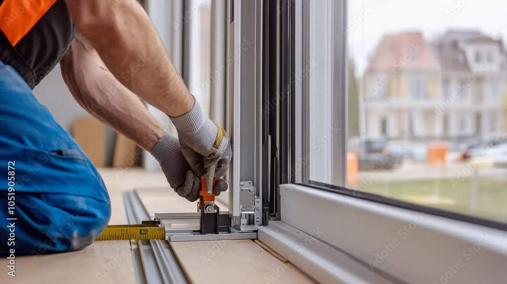 Experienced contractor installing advanced thermal break system in modern building. focus is on precision and craftsmanship, showcasing importance of quality in construction Experienced contractor installing advanced thermal break system in modern building. focus is on precision and craftsmanship, showcasing importance of quality in construction
