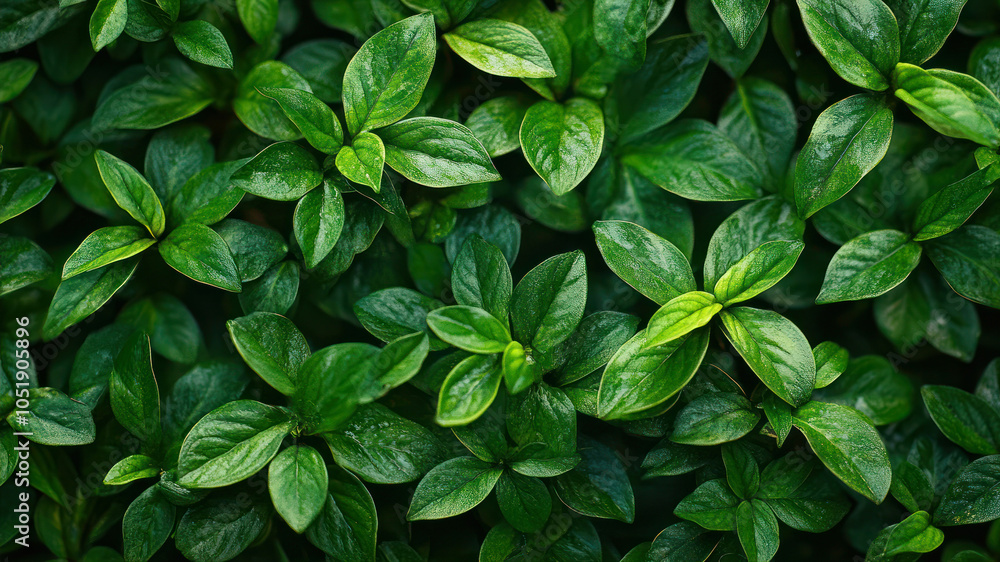 Close-up View of Vibrant Wet Green Leaves Glistening Under Morning Light in a Lush Garden Close-up View of Vibrant Wet Green Leaves Glistening Under Morning Light in a Lush Garden