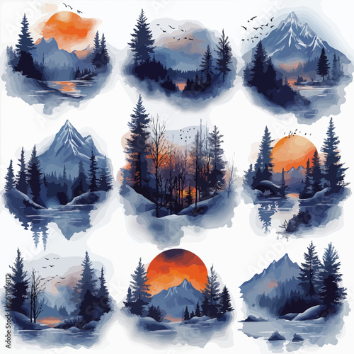 Watercolor Winter Scene Stickers, Die Cut Vinyl