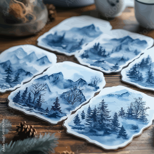 Watercolor Winter Scene Stickers, Die Cut Vinyl