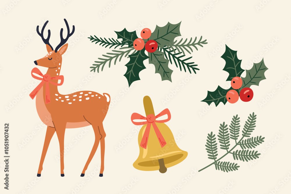 Set of Christmas elements. Reindeer, bell, holly, mistletoe. Vector illustration in flat style Set of Christmas elements. Reindeer, bell, holly, mistletoe. Vector illustration in flat style