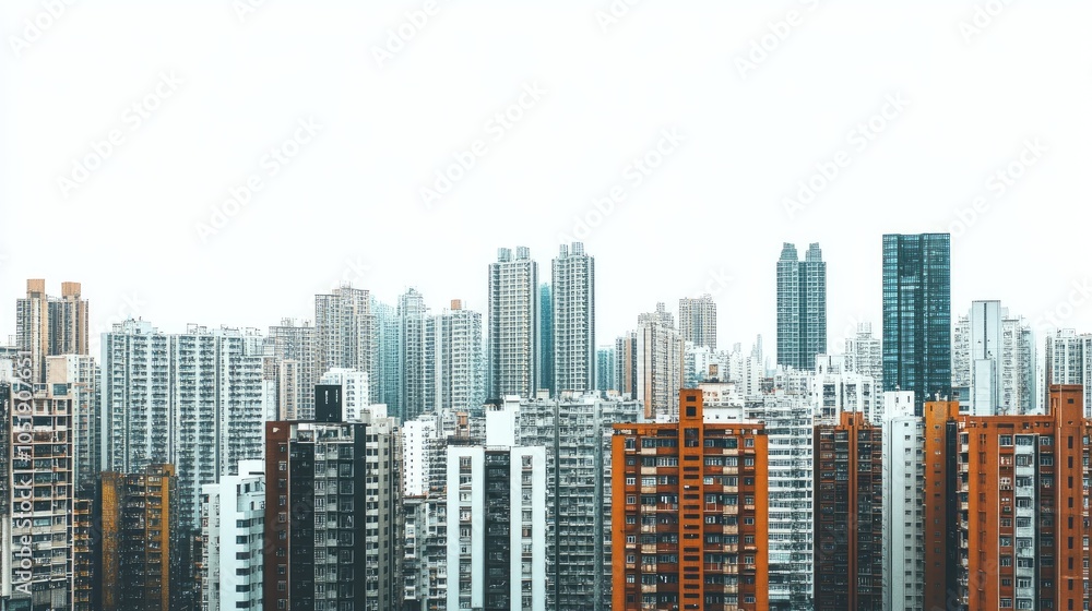 Fototapeta premium A cityscape panorama of dense urban architecture, showcasing buildings of various heights, isolated on a white background.