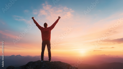 Wallpaper Mural person stands triumphantly on mountain peak, arms raised in celebration against stunning sunset backdrop. scene conveys sense of achievement and freedom. Torontodigital.ca