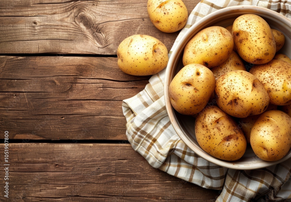 Top View of Bowl Filled with Fresh Potatoes on Wooden Table. Top View of Bowl Filled with Fresh Potatoes on Wooden Table.