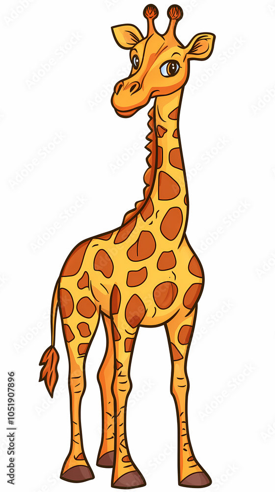 Obraz premium A simple, cute drawing of a giraffe for kids, with a long neck, big friendly eyes, and small horns.