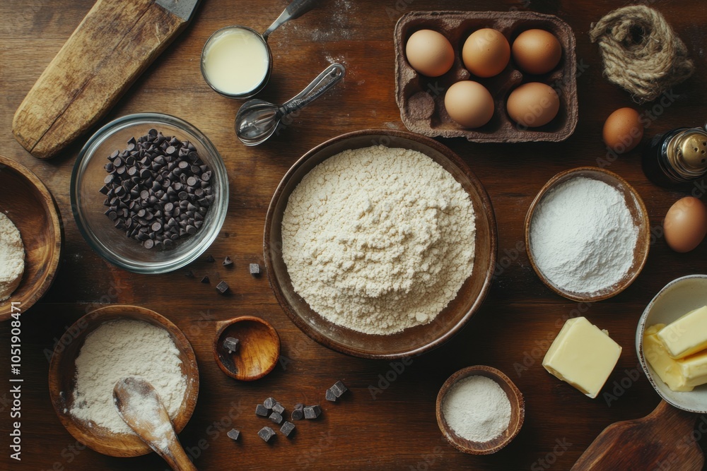 An overhead shot of a rustic kitchen with an array of baking ingredients such as flour, sugar, eggs, and chocolate chips, ready to make homemade cookies. The warm tones evoke a cozy, homey feel. An overhead shot of a rustic kitchen with an array of baking ingredients such as flour, sugar, eggs, and chocolate chips, ready to make homemade cookies. The warm tones evoke a cozy, homey feel.