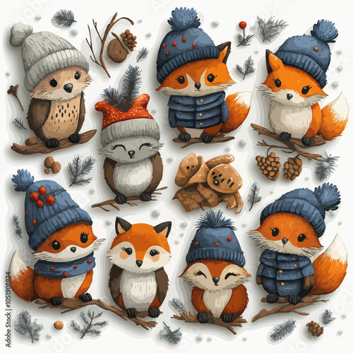 Winter Wildlife Fox and Owl Die Cut Vinyl Sticker Design photo