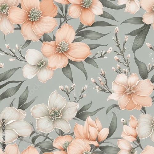 Seamless floral pattern featuring elegant small flowers in soft peach, sage, and light gray colors.