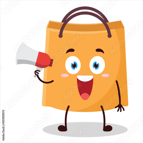 cute happy expression of shopping bag carry megaphone cartoon character