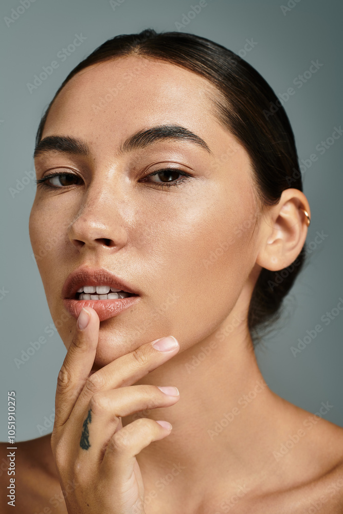 A stunning woman showcases her beauty and poise, gently touching her lips with finesse. A stunning woman showcases her beauty and poise, gently touching her lips with finesse.