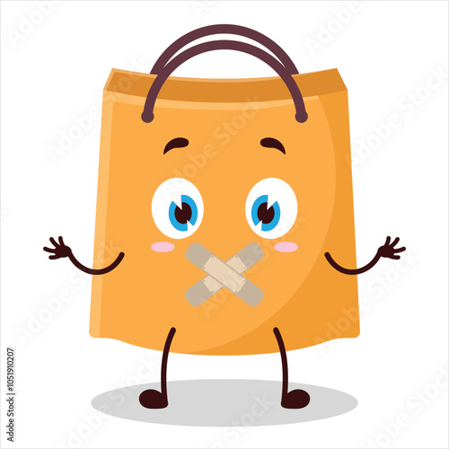 cute shut up expression of shopping bag mouth closed with plaster cartoon character