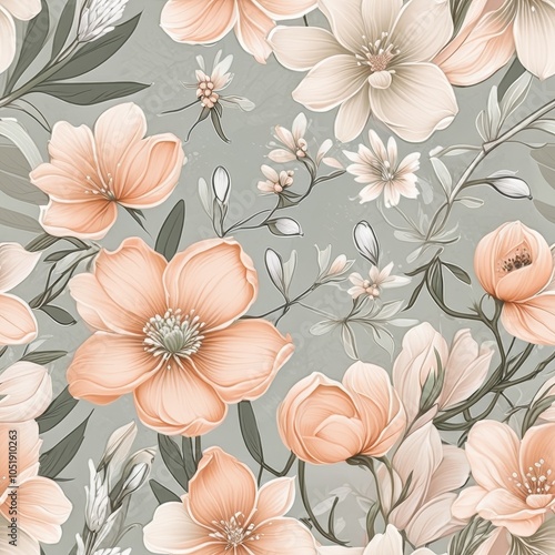 Seamless floral pattern featuring elegant small flowers in soft peach, sage, and light gray colors.