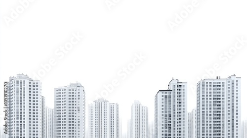 A panoramic shot of tall, sleek urban buildings standing against a white background, offering a clean, contemporary view of the city.