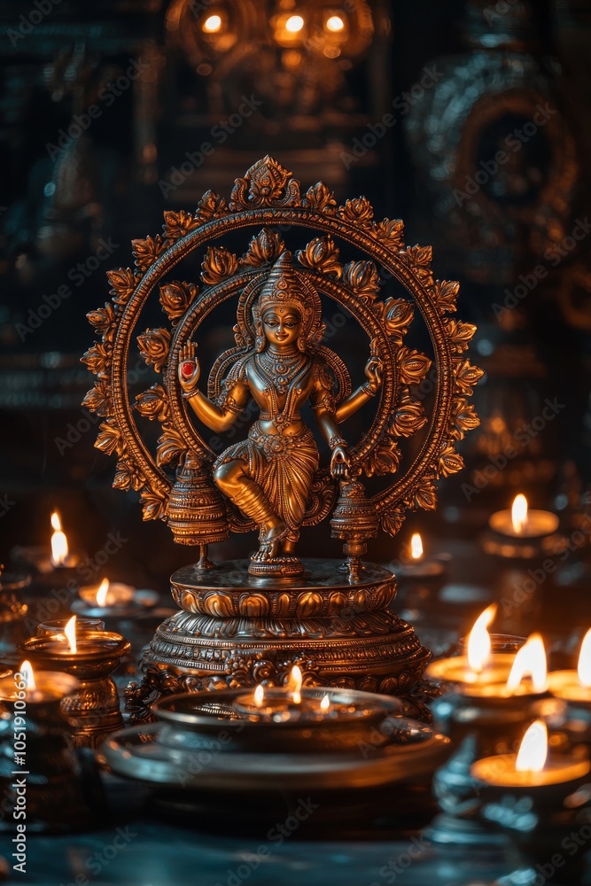 Fototapeta premium An elegant brass sculpture of the Hindu deity Laxmi in the Nataraja form, with lit candles creating soft lighting around it on an old wooden table. The background is dark and black to highlight 