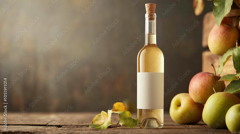 Obraz premium A bottle of golden wine sits on a rustic wooden table, surrounded by fresh apples, evoking a warm, inviting atmosphere.