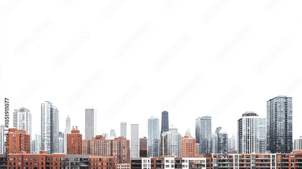 Obraz premium A panoramic view of an urban skyline, featuring a mix of commercial and residential buildings with a white background to emphasize structure and form.