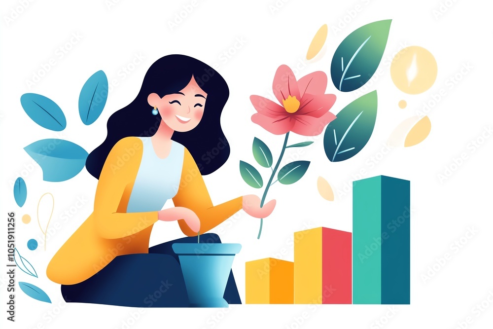 A woman tending to a flower while observing growth metrics, symbolizing personal development and nurturing creativity. A woman tending to a flower while observing growth metrics, symbolizing personal development and nurturing creativity.