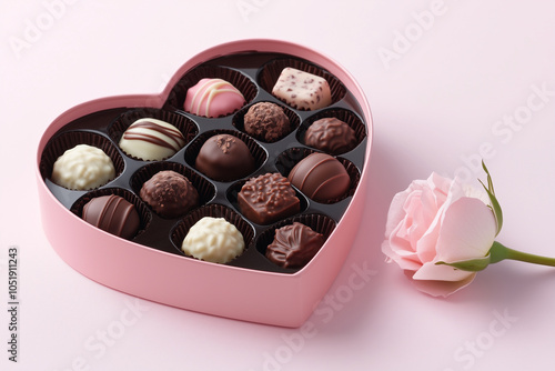 Heart-shaped pink gift box filled with a variety of chocolate bonbons, with a soft pink ribbon draped across it, against a blush pink background
 photo