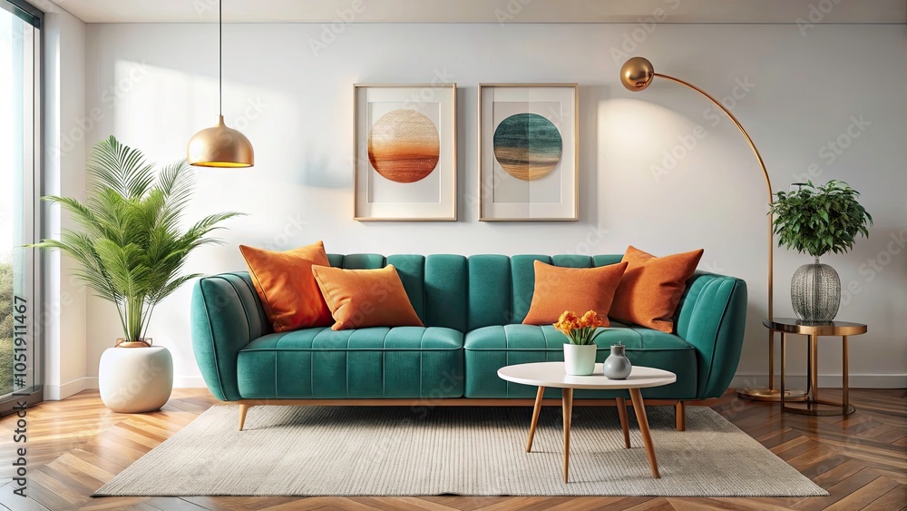 Fototapeta premium Teal Curved Sofa with Orange Pillows in Scandinavian Style Living Room - Modern Interior Design, White Wall, High Depth of Field, Cozy Atmosphere, Aesthetic Decor