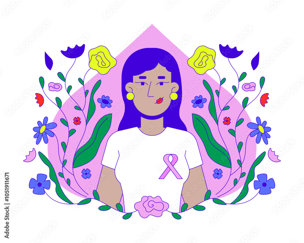 Obraz premium Indian woman promoting breast cancer awareness 2D illustration concept. Mammogram campaign. South asian female wearing pink ribbon cartoon character isolated on white. Metaphor abstract flat vector
