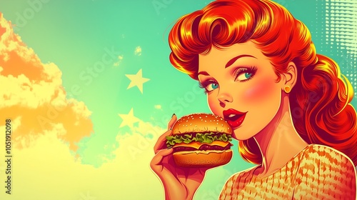 Wallpaper Mural A retro pin-up, pop art illustration of a red-haired woman enjoying a hamburger. The image is designed in a vintage, vibrant colors, thick outlines. Torontodigital.ca