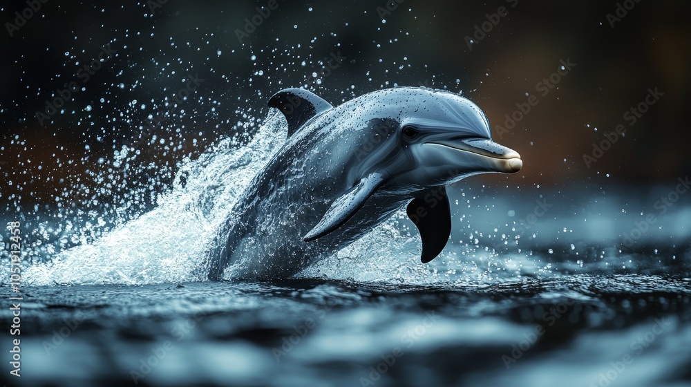 Obraz premium Spinner dolphin twirling mid-air, droplets scattering as it dives back into the water, photorealistic