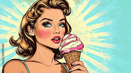 A retro pin-up, pop art illustration of a beautiful woman enjoying an ice cream cone. The woman has a playful, expressive look, and the scene captures the nostalgic charm.