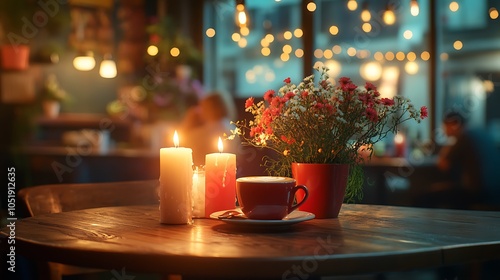 A cozy cafe table set with glowing candles, a cappuccino, and a small bouquet of flowers, surrounded by a blurred background of soft lights and other patrons.