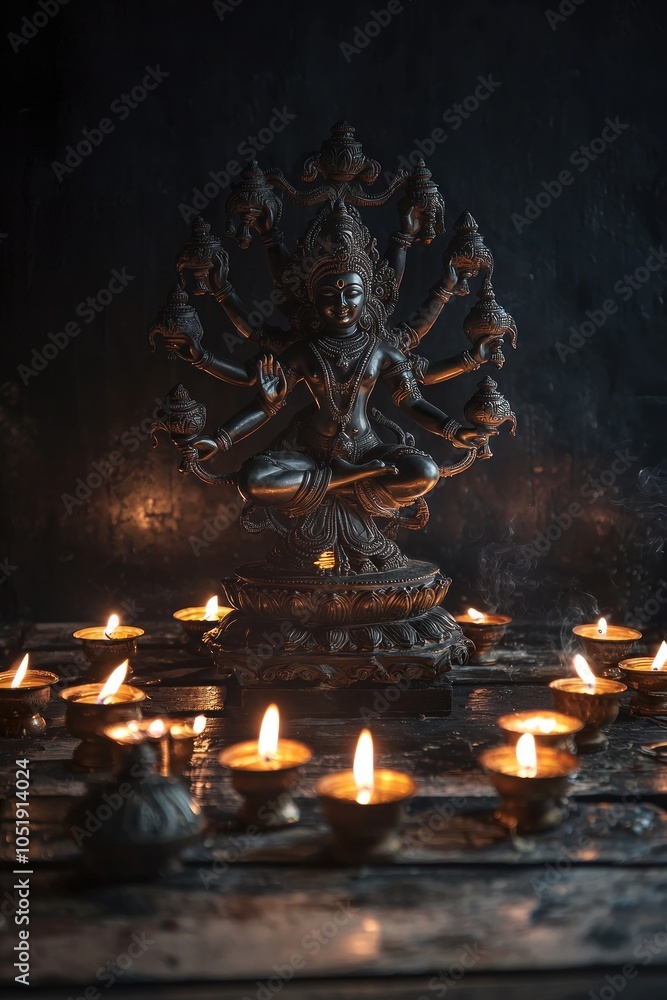Laxmi dancing with his Nataraja in the center of an Indian round diya lamp, dark background, candles around it, golden and red colors, high-resolution photography, detailed Laxmi dancing with his Nataraja in the center of an Indian round diya lamp, dark background, candles around it, golden and red colors, high-resolution photography, detailed