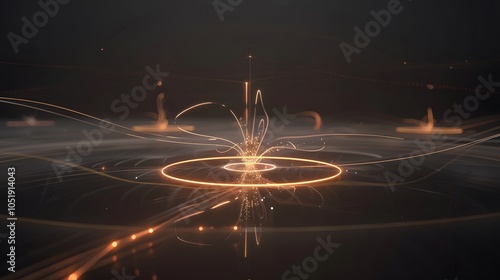 Scientific visualization of a magnetic field with glowing lines and directional arrows illustrating the flow of magnetic force around a central object. Energy,abstract,universe,mystery,physics researc photo