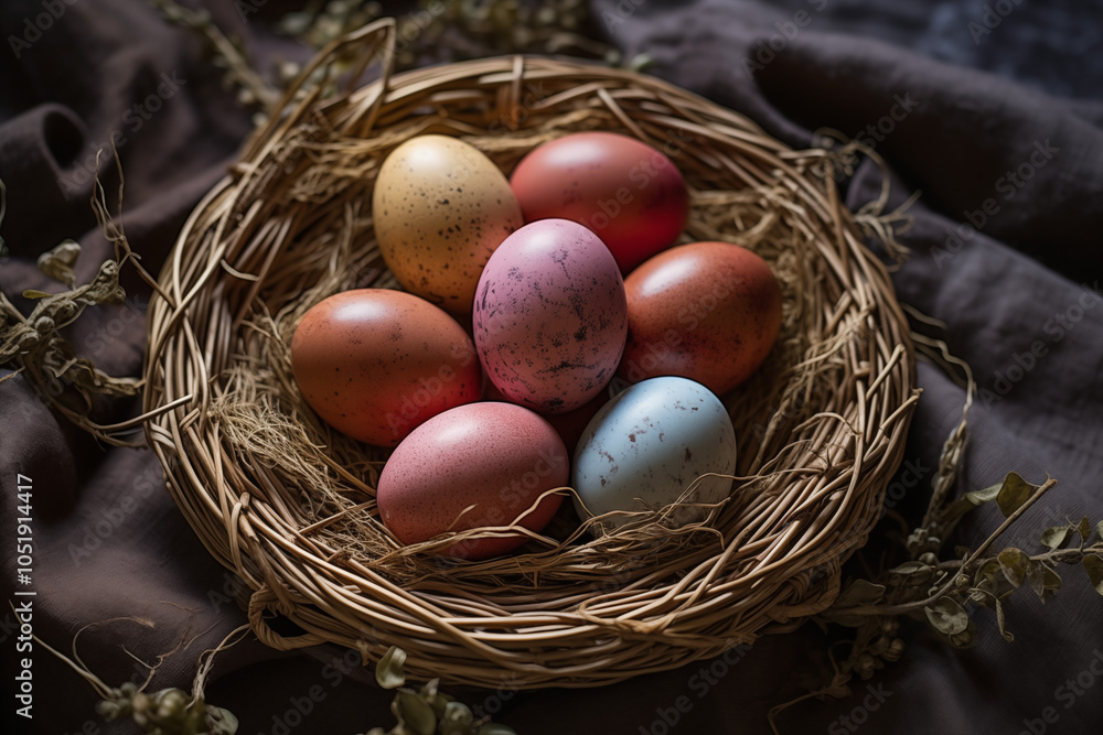 Beautiful composition of colored Easter eggs in a nest on a dark background. Design for holidays, decorations, cards and email newsletters Beautiful composition of colored Easter eggs in a nest on a dark background. Design for holidays, decorations, cards and email newsletters