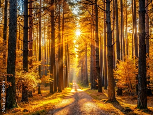 Golden Trails in Serene Woodland Pines - Enchanted Forest Paths with Sunlight and Leaves