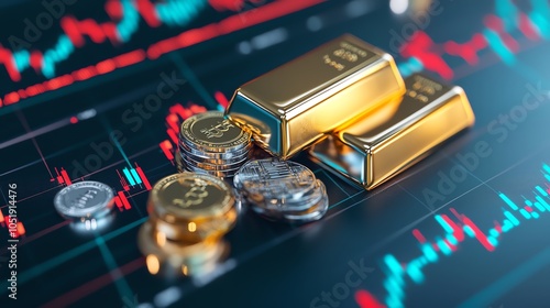 Dynamic scene of a financial analyst s desk with gold bars, silver coins, and stock market reports, depicting the demanddriven strategy of diversified investment photo