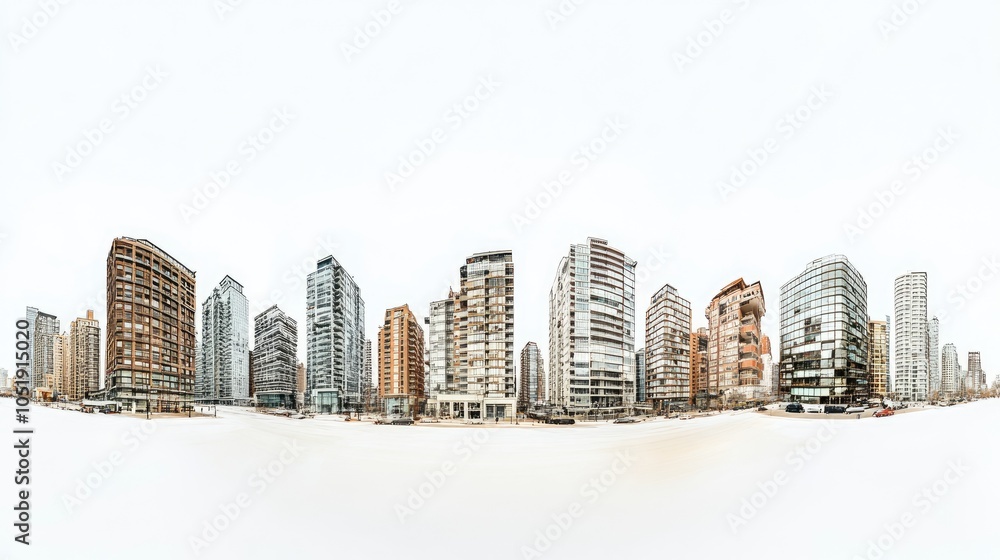 A wide-angle panorama of high-rise office buildings in an urban area, with a white background, perfect for showcasing city life and development. A wide-angle panorama of high-rise office buildings in an urban area, with a white background, perfect for showcasing city life and development.
