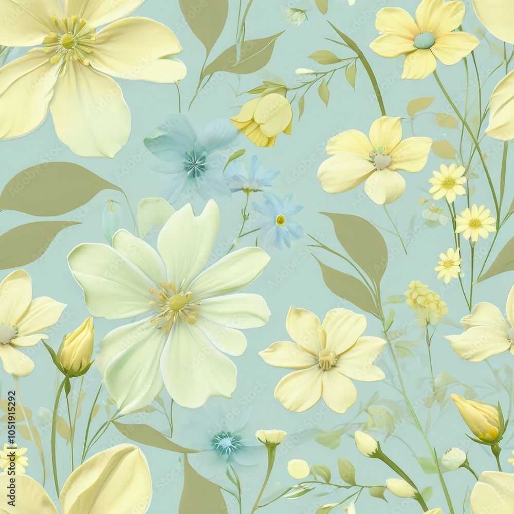 Obraz premium Seamless floral pattern featuring delicate flowers in pastel green, soft yellow, and light blue colors.
