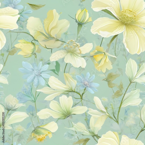 Seamless floral pattern featuring delicate flowers in pastel green, soft yellow, and light blue colors.