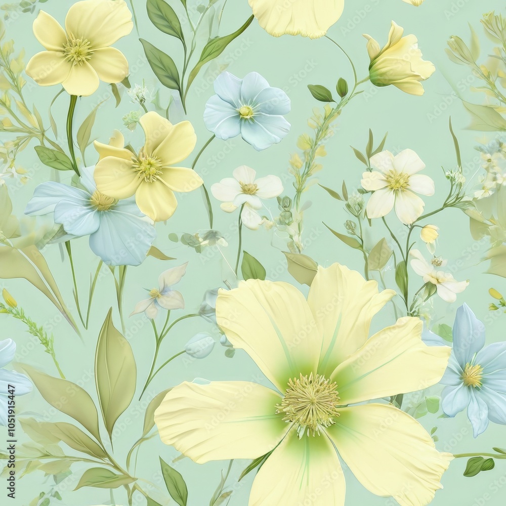 Fototapeta premium Seamless floral pattern featuring delicate flowers in pastel green, soft yellow, and light blue colors.
