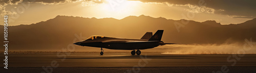 jet takes off against stunning mountain landscape at sunset, creating dramatic scene filled with energy and motion. silhouette of aircraft contrasts beautifully with warm hues of sky photo