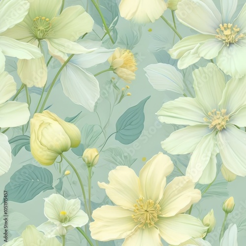 Seamless floral pattern featuring delicate flowers in pastel green, soft yellow, and light blue colors.
