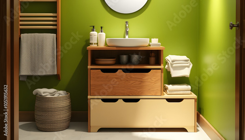 Chest of drawers with sink and bath supplies near green wall in bathroom isolated with white highlights, png photo