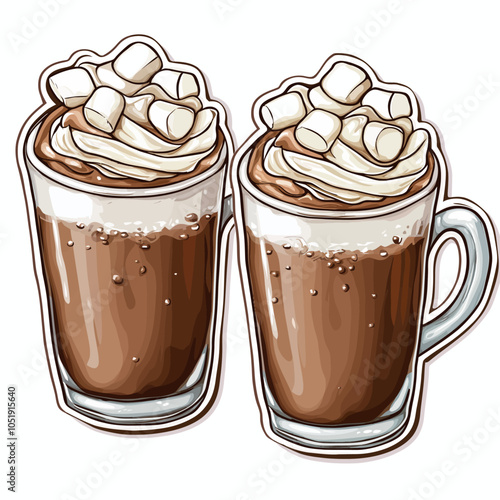 Cozy Hot Cocoa Mugs with Whipped Cream, Vector Sticker