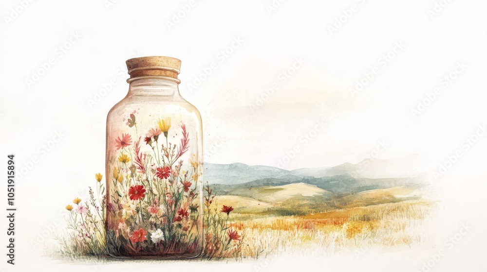 Enchanting Watercolor Bottle with Nature Scene of Wildflowers, Grasses, and Hills against Bright Sky on White Background Enchanting Watercolor Bottle with Nature Scene of Wildflowers, Grasses, and Hills against Bright Sky on White Background