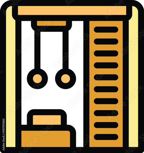 Simple icon representing a swedish wall bars with gymnastic rings and a bench for working out at home
