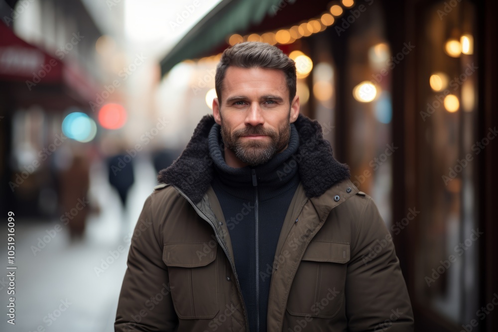 Portrait of a handsome bearded man wearing a coat and scarf in the city. Portrait of a handsome bearded man wearing a coat and scarf in the city.