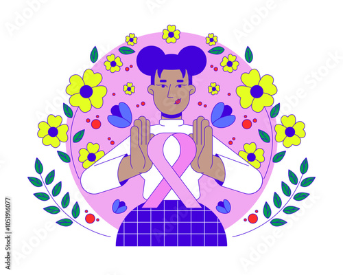 Black feminist movement of pink ribbon 2D illustration concept. Breast cancer solidarity. African american woman femininity cartoon character isolated on white. Metaphor abstract flat vector graphic