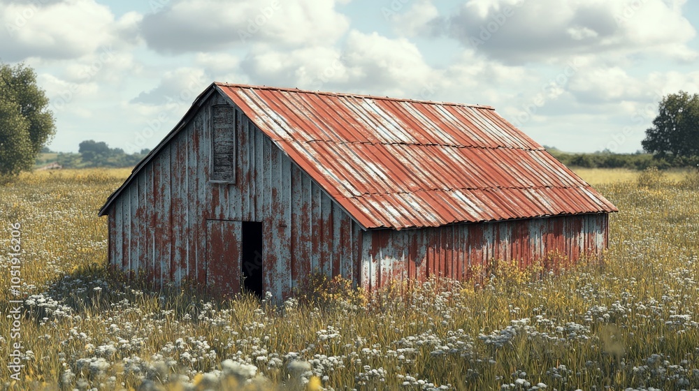 Close-up shot of a rustic barn roof with rusty metal panels, visible aging and wear, surrounded by grassy fields, photorealistic Close-up shot of a rustic barn roof with rusty metal panels, visible aging and wear, surrounded by grassy fields, photorealistic