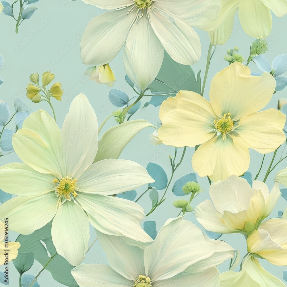 Obraz premium Seamless floral pattern featuring delicate flowers in pastel green, soft yellow, and light blue colors.